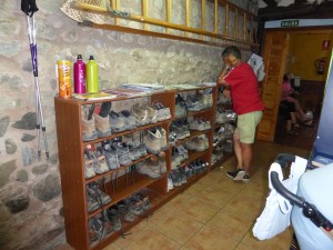 The boot / shoe room. All pilgrims remove their out door footwear in the auberge where accommodation  is less than $15 a night. We ate at one tonight where the accommodation was less than $7