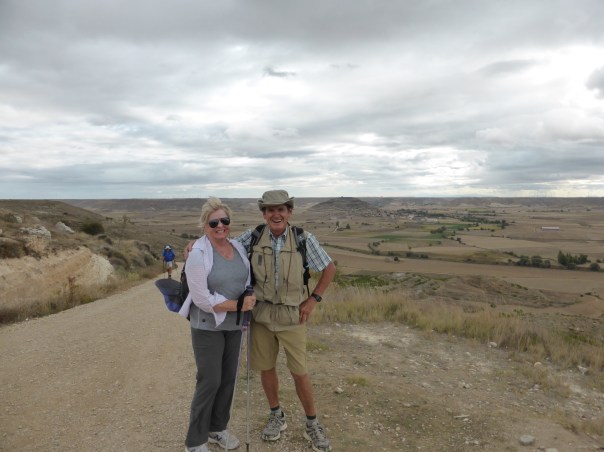 Look way across the  valley - see the town at the bottom of the large hill on the horizon - that is Castrojeriz, and it took us only 90 min to get the 7 km  up almost 900 feet to where we are on the Meseta plains. Our last few kms before leaving  Castile for the provence of Palencia - the fourth province we visited.