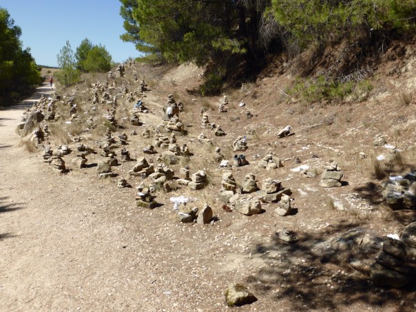 As we have pointed out before, inukshuks (milladoiros in Spain) are  a common  sight on the Camino - but this was the largest collection yet. Many have a note (sometimes plasticized) paying tribute to a lost loved one or a note of successfully dealing with an issue