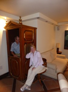 From yesterday's written entry "Our hotel Palacio de Pujadas was once a family palace. It exhibits many artifacts from centuries ago, including the family confessional." So on our way out of the hotel we tried it out!!
