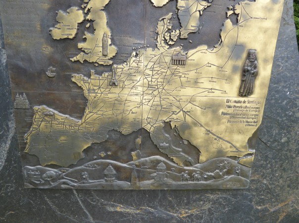 At the peak of O Cebeiro a map showing all the pilgrim routes from all over Europe, converging on Santiago