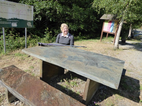 There have always been some kind of rest areas along the Camino. They have varied from the most basic to those that would put BC Parks roadside areas to shame. Here, where slate is everywhere, the table tops and benches are beautiful slabs of smooth slate fit for a custom kitchen.