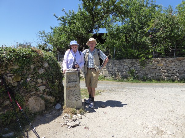 At the 100 km to Santiago marker. A total of about 850 km of walking behind us. 